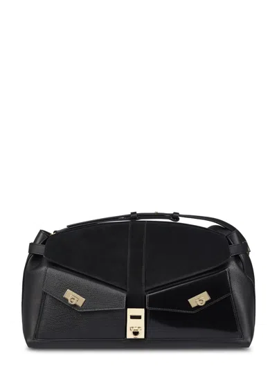 Ferragamo Structured Black Pouch With Textured Panels