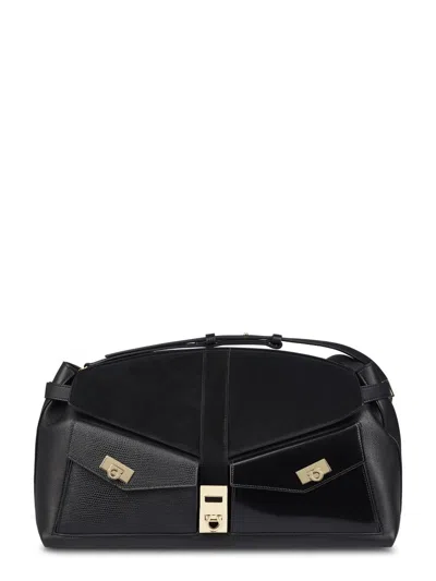 Ferragamo Structured Black Pouch With Textured Panels