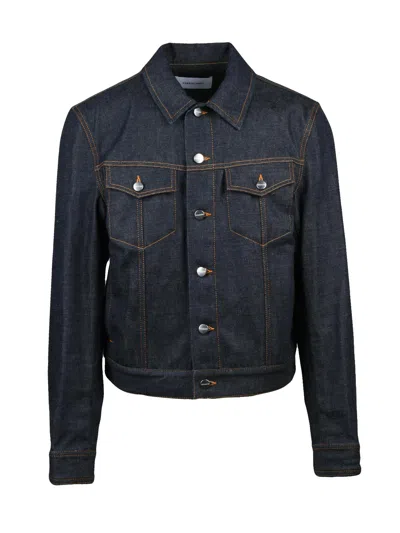 Ferragamo Structured Blue Denim Jacket With Flap Pockets And Adjustable Hem