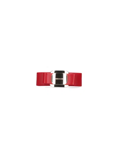 Ferragamo Structured Bow Hair Clip In Red Calf Leather In Multi