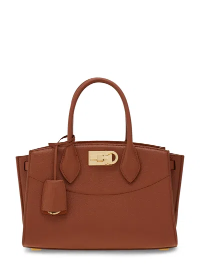 Ferragamo Structured Calf Leather Handbag With Gold-tone Clasp In Brown