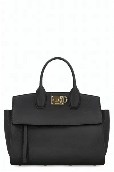 Ferragamo Structured Calf Leather Tote Bag In Black