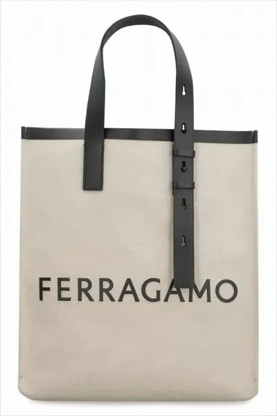 Ferragamo Structured Canvas Tote Bag In White