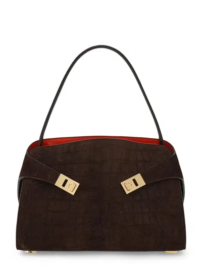 Ferragamo Structured Crocodile-embossed Handbag With Gold-tone Accents In Brown