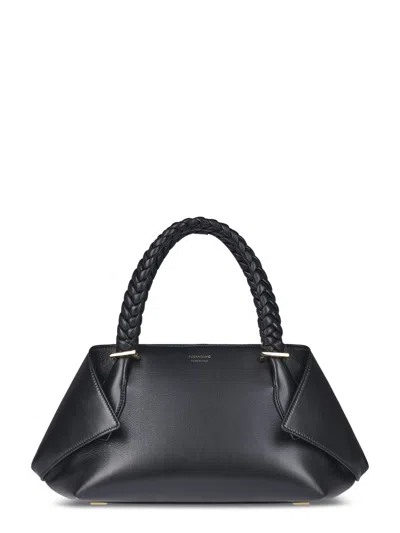 Ferragamo Structured Handbag With Braided Handle And Folded Accents In Gray