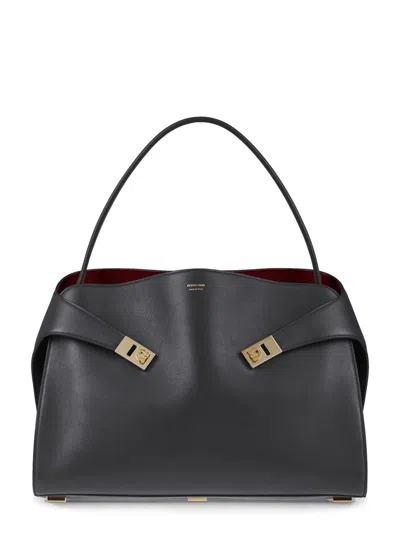 Ferragamo Structured Handbag With Fold-over Design And Gold-tone Hardware In Gray