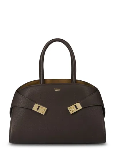Ferragamo Structured Handbag With Gold-tone Hardware In Black