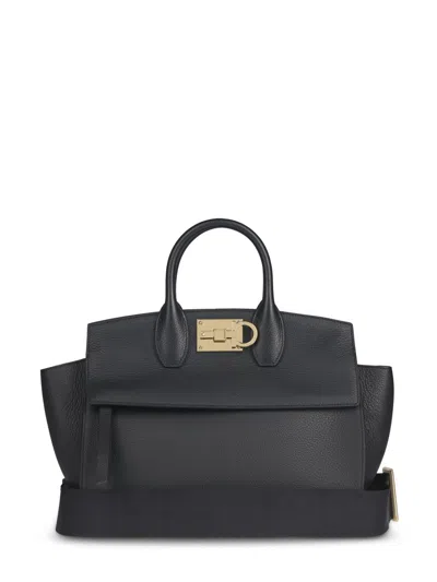 Ferragamo Structured Leather Bag With Front Flap In Black