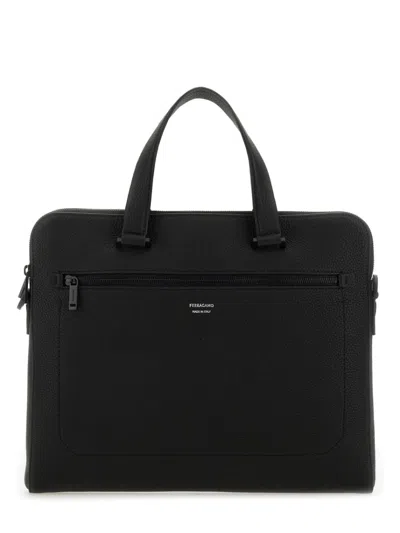 Ferragamo Structured Leather Business Bag In Black