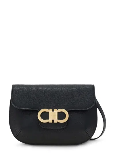 Ferragamo Structured Pebbled Leather Shoulder Bag With Gold-tone Clasp In Black