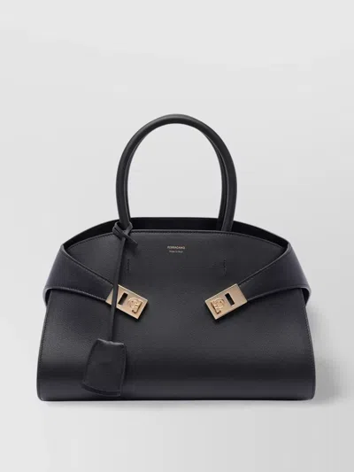 Ferragamo Structured Shape Handbag Gold Hardware In Black
