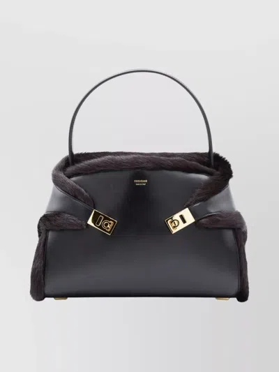 FERRAGAMO STRUCTURED SHOULDER BAG FUR TRIM