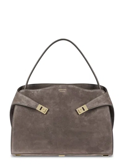 FERRAGAMO FERRAGAMO STRUCTURED SUEDE BAG WITH GOLD-TONE HARDWARE
