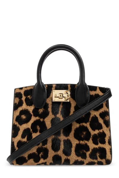 Ferragamo Studio Box Animal Printed Tote Bag In Black