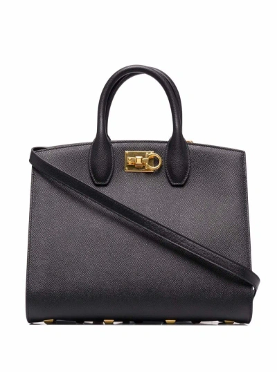 Ferragamo Studio Box Black Bag With Gancini Buckle And Shoulder Strap In Grained Leather Woman