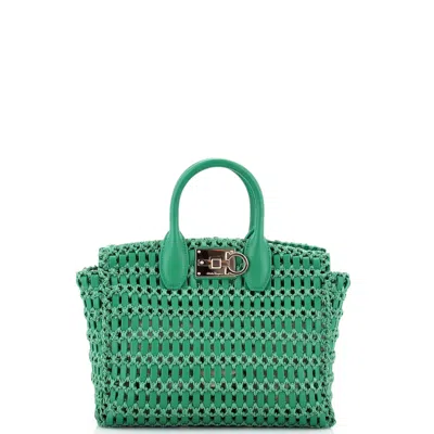 Ferragamo Studio Box Satchel Woven Leather With Raffia Medium In Green