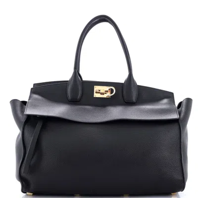 Ferragamo Studio Soft Satchel Leather Large In Black