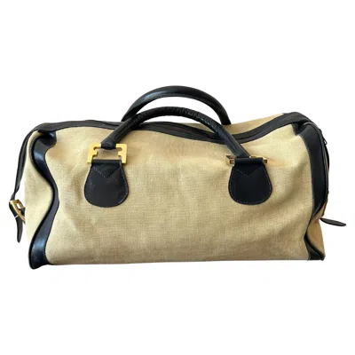 Pre-owned Ferragamo Stylish  Leather/canvas Bag With Brass Accents Ca' 1980's In Sand