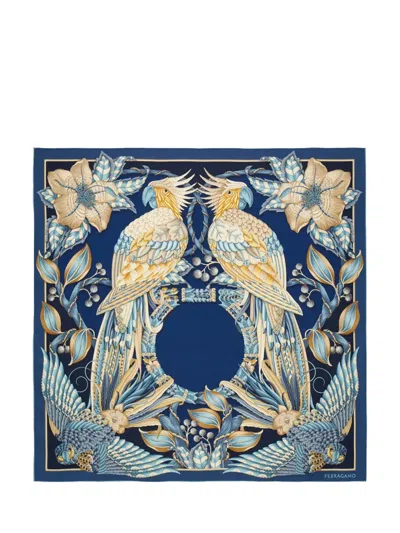 Ferragamo Stylish Mini Scarf With Botanical Print In Blue