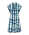 Ferragamo Brushstroke Check Short Silk Dress In Blue