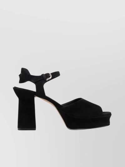Ferragamo Suede Block Heel Platform Sandals In Black