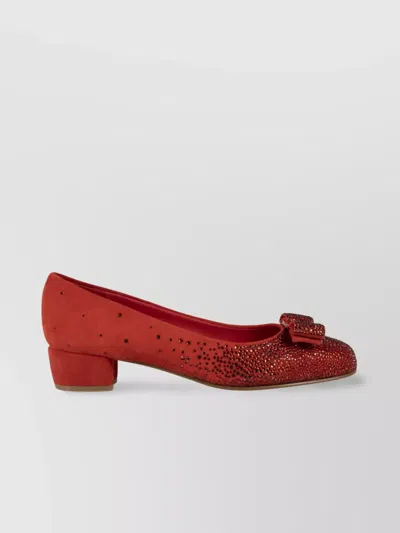 FERRAGAMO SUEDE BLOCK HEEL PUMPS WITH BOW DETAIL
