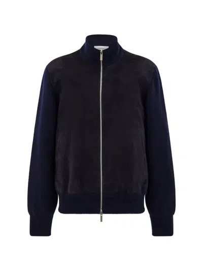 Ferragamo Suede Blouson With Knitted Details In Blue