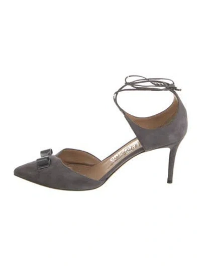 Pre-owned Ferragamo Suede Bow Accents D'orsay Pumps In Gray