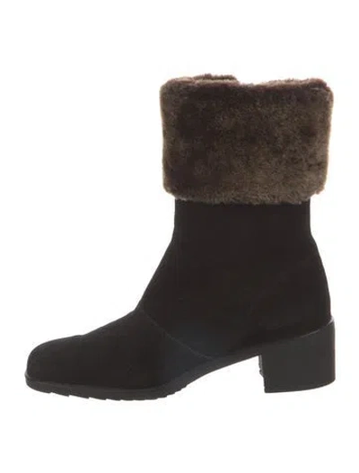 Pre-owned Ferragamo Suede Faux Fur Trim Boots In Black