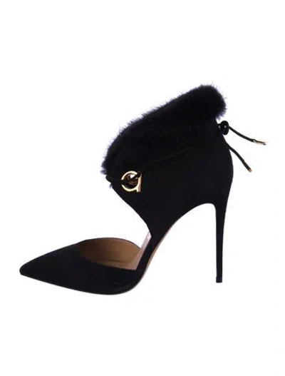 Pre-owned Ferragamo Suede Fur Trim D'orsay Pumps In Black