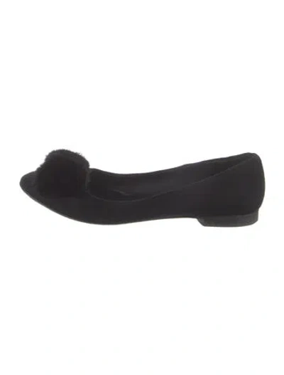 Pre-owned Ferragamo Suede Fur Trim Flats In Black