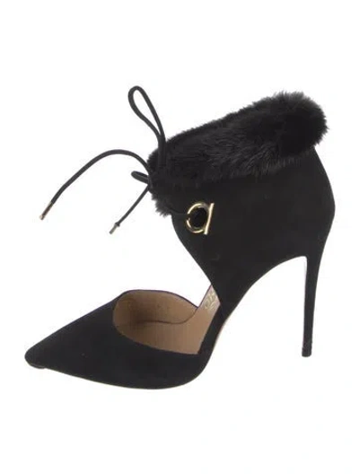 Pre-owned Ferragamo Suede Fur Trim Pumps In Black