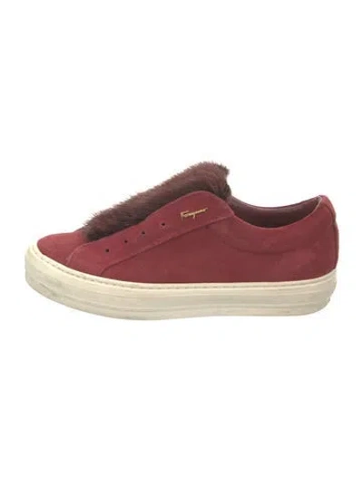 Pre-owned Ferragamo Suede Fur Trim Sneakers In Burgundy