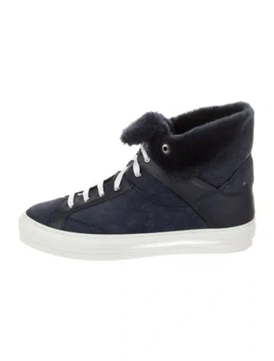 Pre-owned Ferragamo Suede Fur Trim Wedge Sneakers In Blue