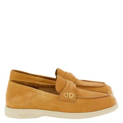 Ferragamo Suede Gancini Loafers In Gold