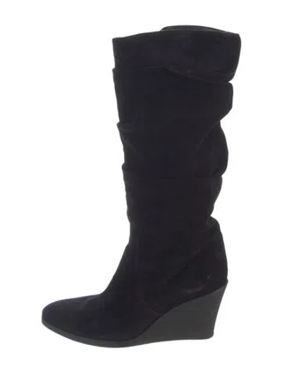 Pre-owned Ferragamo Suede Grosgrain Trim Slouch Boots In Black