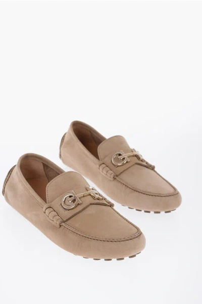 Ferragamo Suede Leather Grazioso Loafers With Clamps In Biscotto