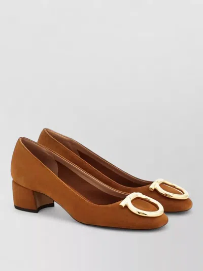 Ferragamo Suede Leather Pumps Round Toe Mid Heel In Brown