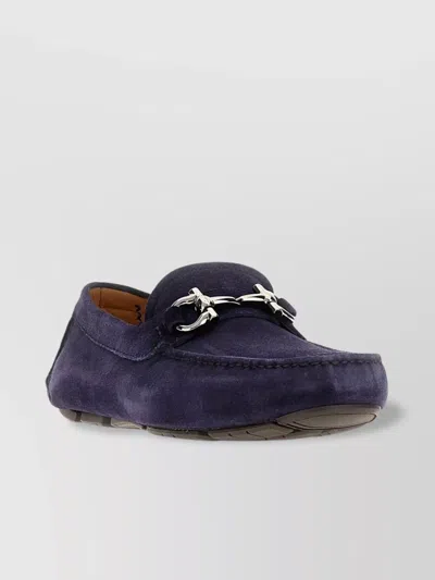 Ferragamo Suede Loafers With Metal Hardware And Rubber Sole In Blue