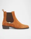 Ferragamo Suede Metal-strap Chelsea Booties In Brown