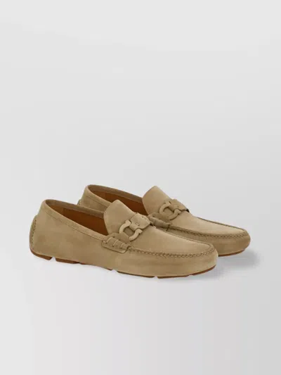 Ferragamo Suede Moc Toe Driver Loafer With Rubber Sole In Neutral