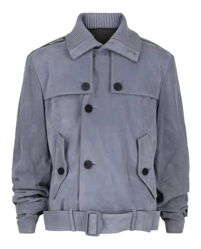 Ferragamo Suede Moto Jacket In Blue