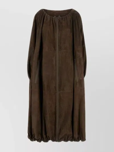 Ferragamo Suede Overcoat With Elastic Hem And Side Pockets In Brown