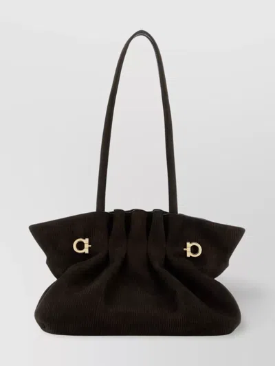 Ferragamo Suede Pleated Shoulder Bag With Metal Hardware