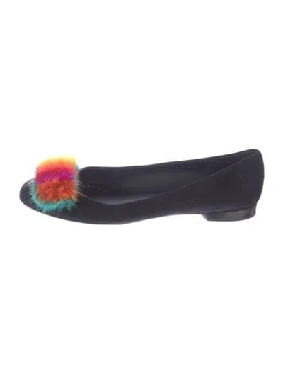 Pre-owned Ferragamo Suede Pom-pom Embellishments Ballet Flats In Blue