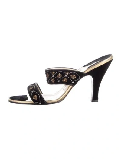 Pre-owned Ferragamo Suede Printed Slides In Black