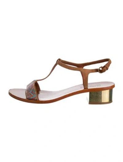 Pre-owned Ferragamo Suede Printed T-strap Sandals In Multi