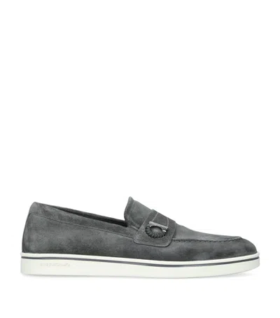 Ferragamo Logo-plaque Suede Loafers In Gray