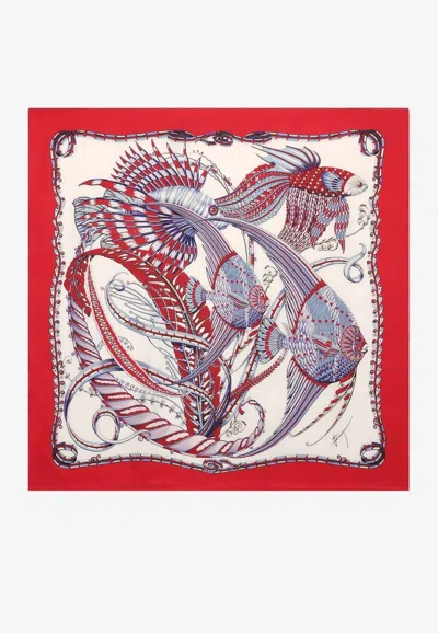 Ferragamo Summernew Fish Print Silk Scarf In Red