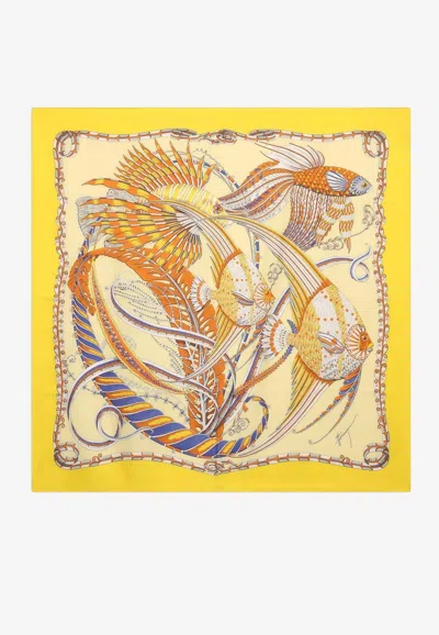 Ferragamo Summernew Fish Print Silk Scarf In Yellow